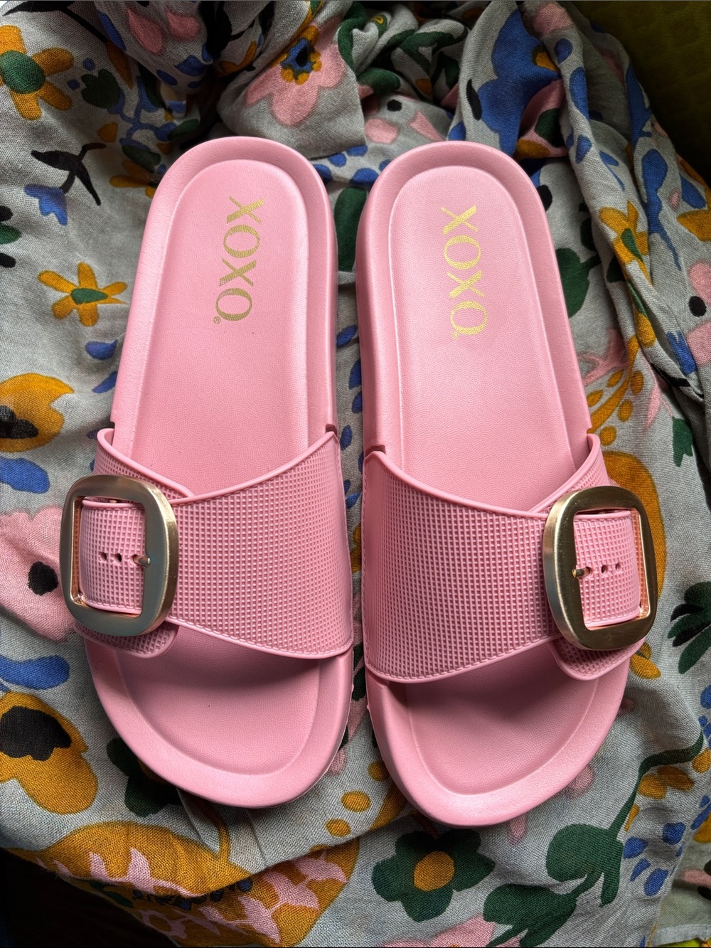 XOXO Pink Slide Sandals with Gold Buckle Accent